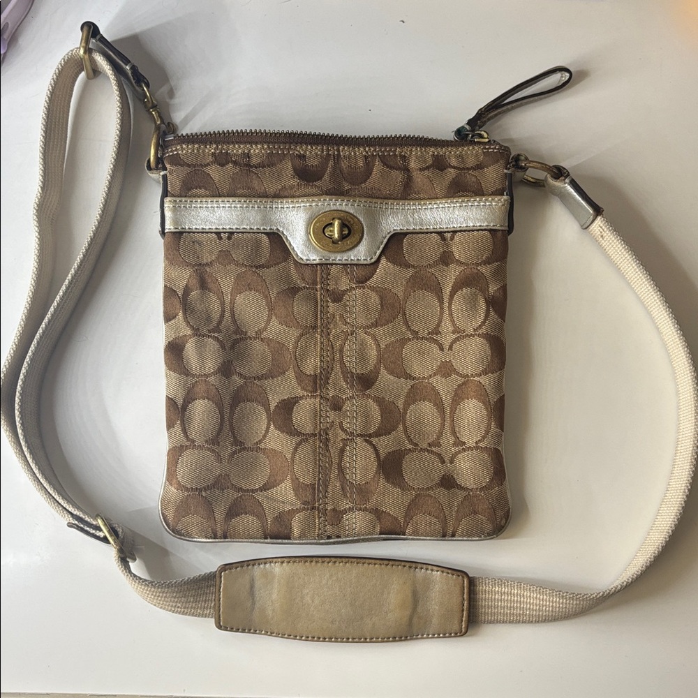 Coach Tan and Silver Signature Crossbody Bag